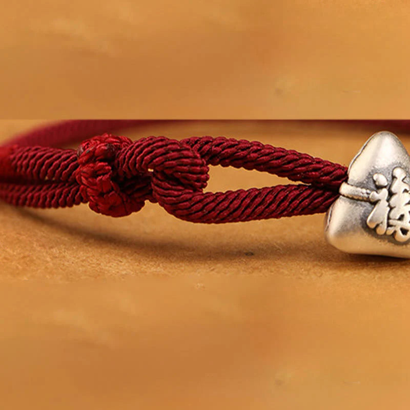 Buddha Stones 999 Sterling Silver Fu Character Zongzi Fortune Luck Rope Bracelet