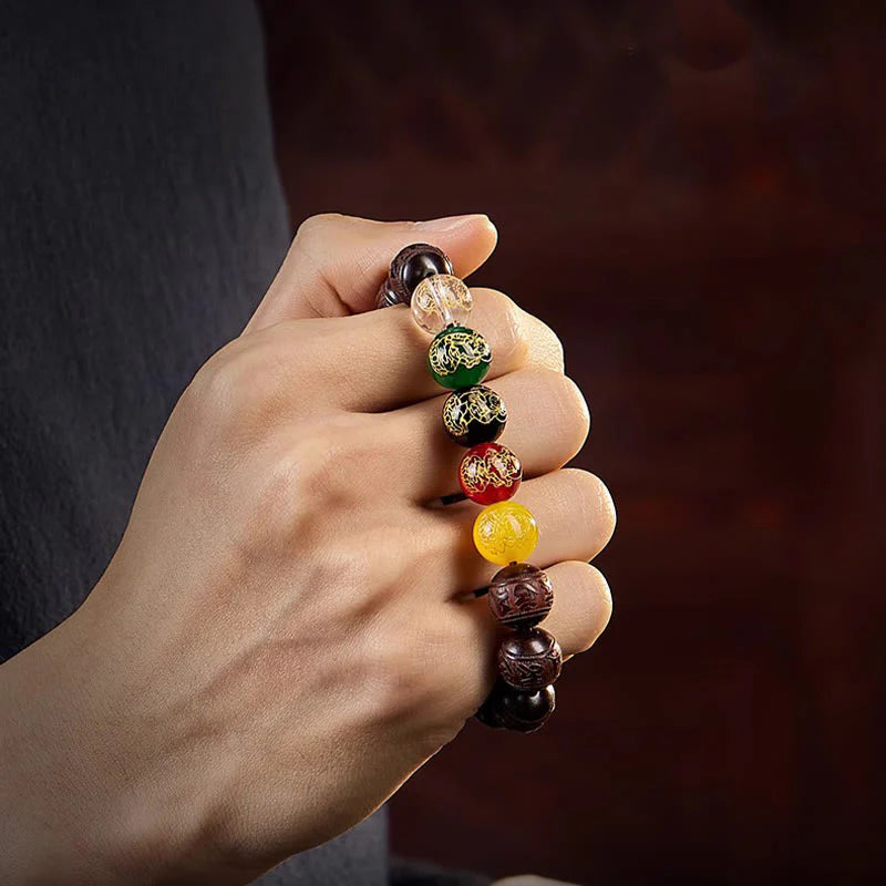 Buddha Stones Small Leaf Red Sandalwood Five Directions Gods of Wealth Calm Bracelet