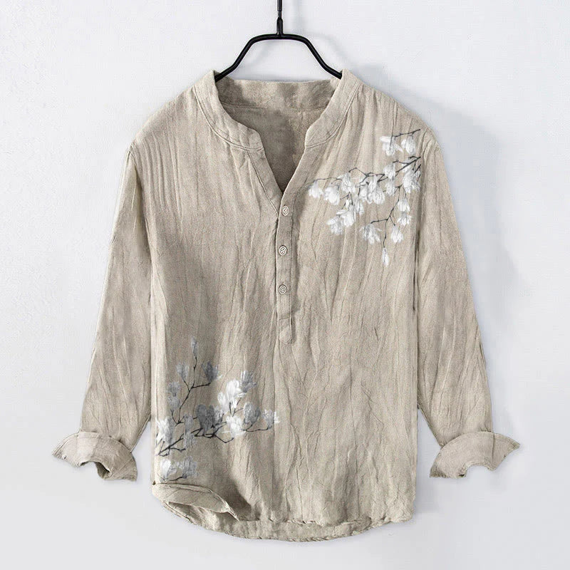 Buddha Stones Magnolia Flowers Branches Pattern Half Buttons Men's Cotton Linen Long Sleeve Shirt