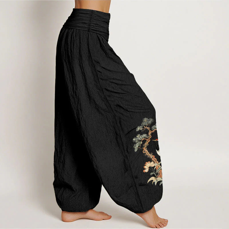 Buddha Stones Pure Cotton Crane Pine Tree Flower Grass Pattern Women's Elastic Waist Harem Pants