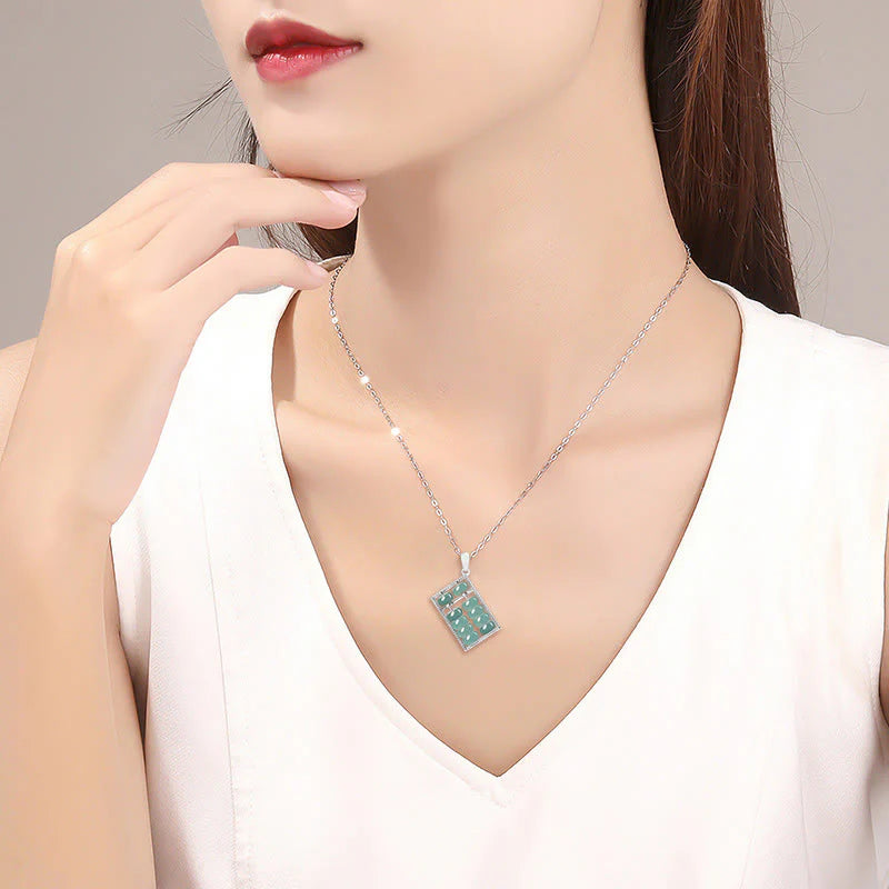 Buddha Stones Natural Jade Abacus Pattern Abundance Titanium Steel Chain Necklace Pendant