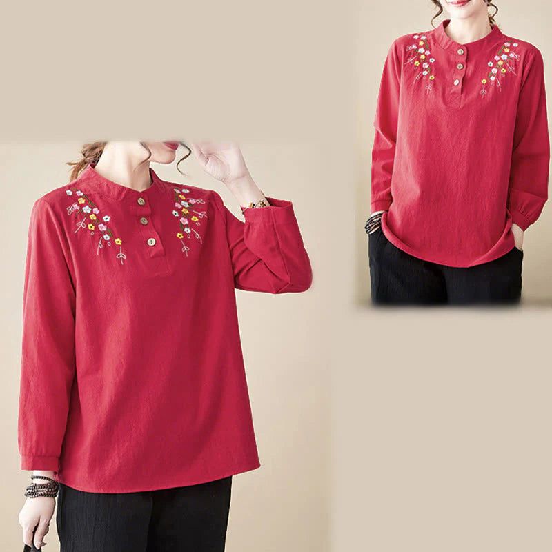 Buddha Stones Women's Spring Embroidered Flower Pattern Stand Collar Long Sleeve Cotton Shirt