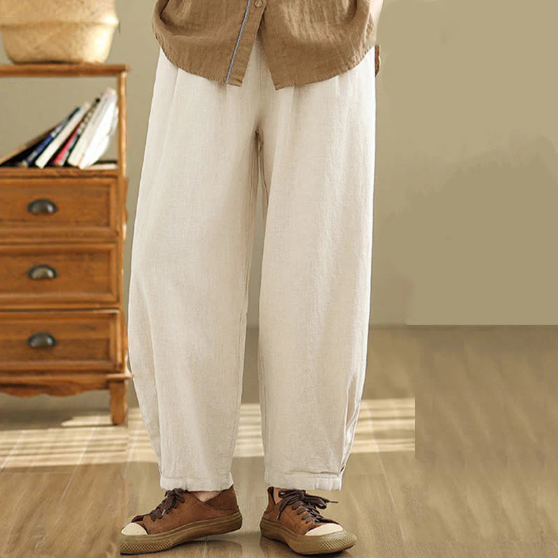 Buddha Stones Casual Solid Color Tapered Elastic Waistband Cotton Linen Women's Pants With Pockets