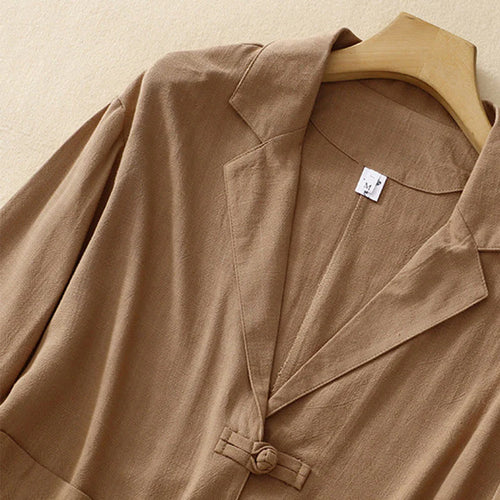 Buddha Stones Women's Cotton Linen Frog-Button Long Sleeve Jacket With Pockets