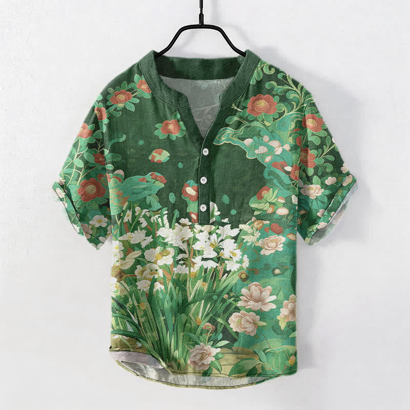 Buddha Stones Cotton Tropical Floral Print Men's Short Sleeve Half Button Shirt
