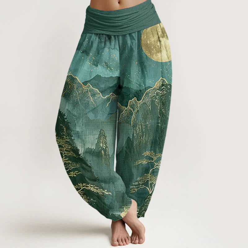 Buddha Stones Cotton Casual Full Moon Mountains Trees River Pattern Women's Elastic Waist Harem Pants
