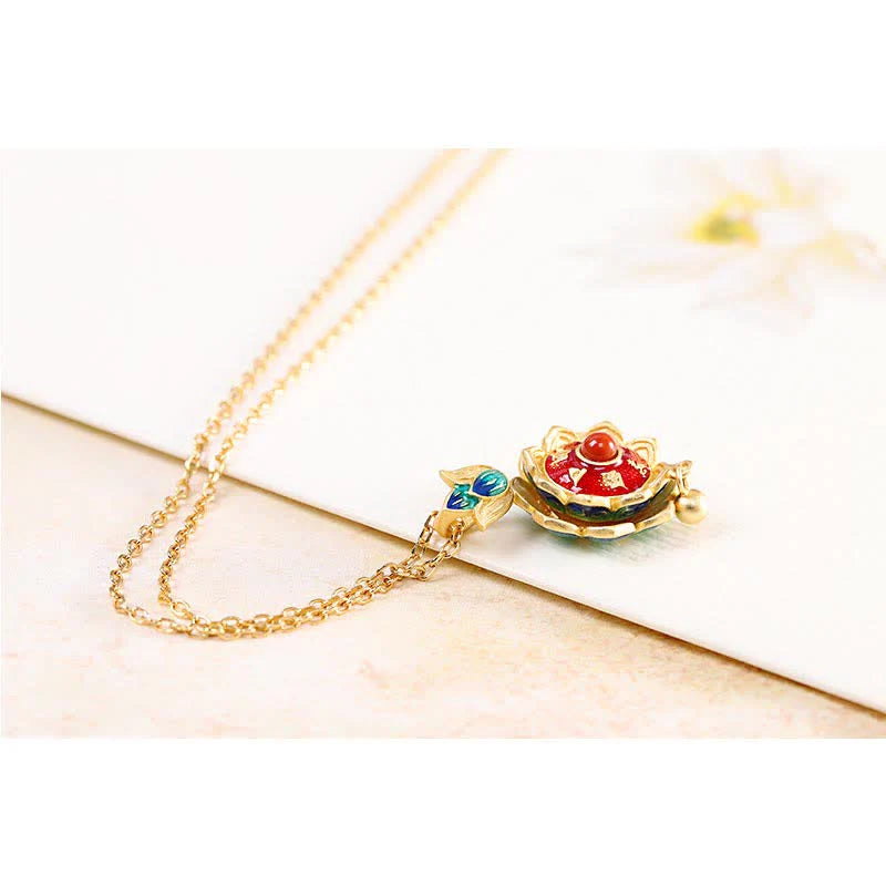 Buddha Stones 925 Sterling Silver Tibet Lotus Prayer Wheel Red Agate Enlightenment Necklace Pendant