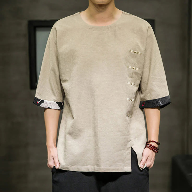 Buddha Stones Summer Retro Solid Color Patchwork Design Men's Three Quarter Sleeve Cotton Linen T-Shirt