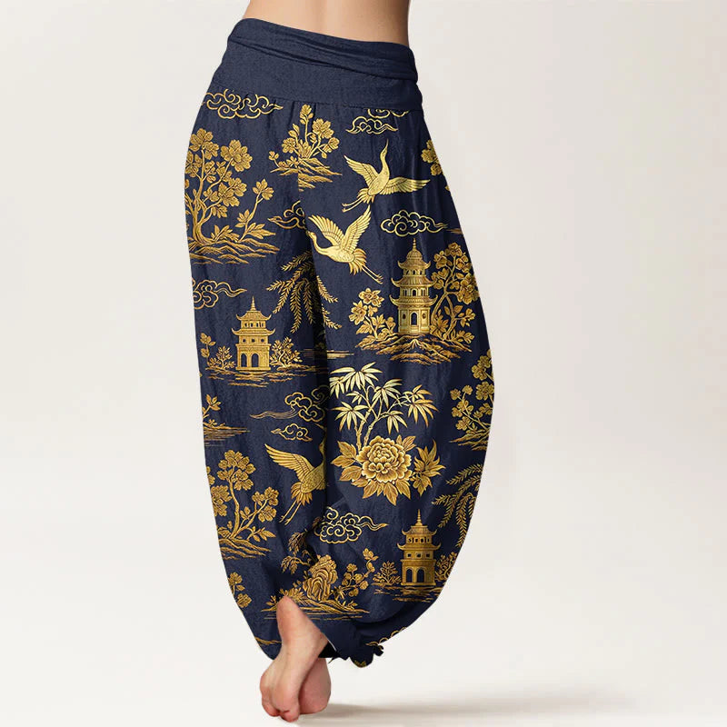 Buddha Stones Cotton Gorgeous Tree Crane Architecture Cloud Peony Pattern Women's Elastic Waist Harem Pants