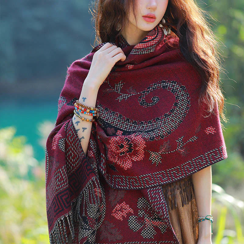 Buddha Stones Jacquard Ethnic Paisley Plants Pattern Tassel Soft Thermal Scarf Shawl