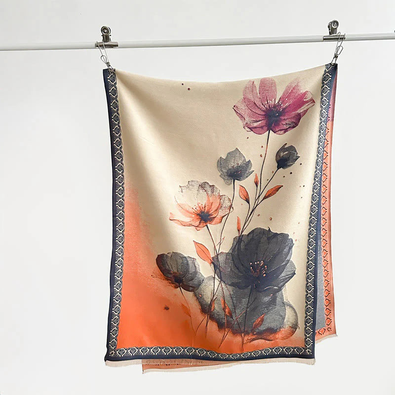 Buddha Stones Winter Ink Painting Lotus Flowers Leaves Pattern Soft Scarf Shawl
