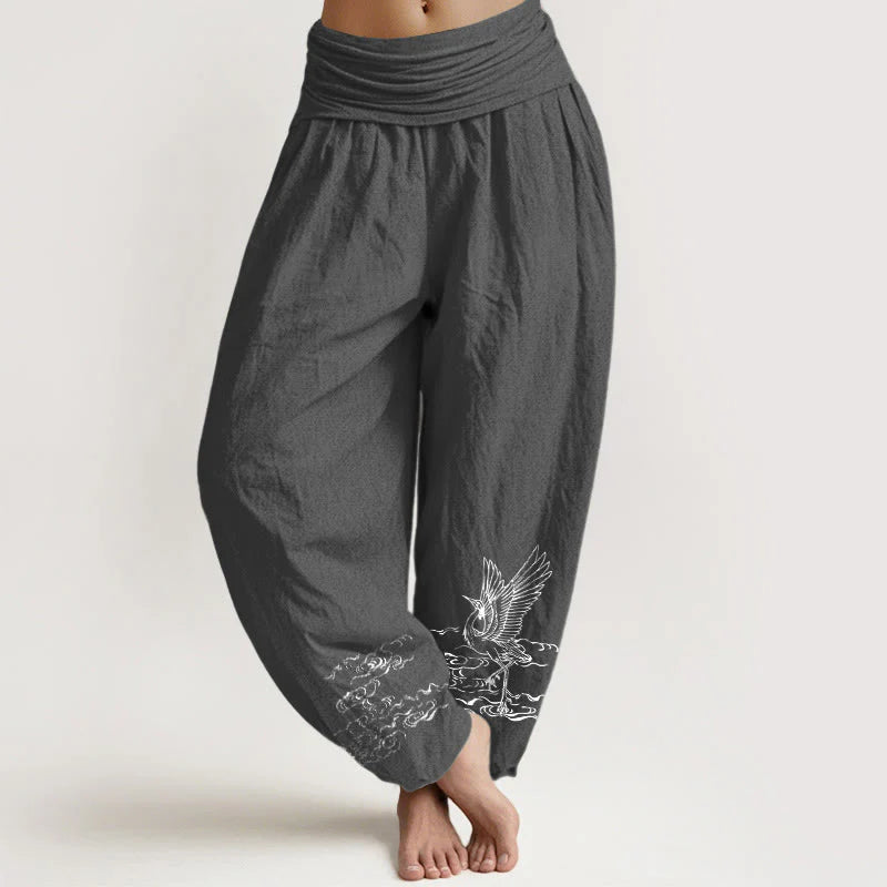 Buddha Stones Crane Flowing Water Pattern Women's Elastic Waist Harem Cotton Pants
