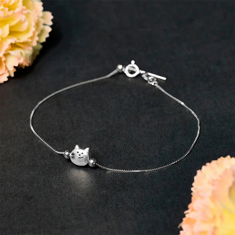 Buddha Stones 925 Sterling Silver Mini Cat Blessing Chain Bracelet