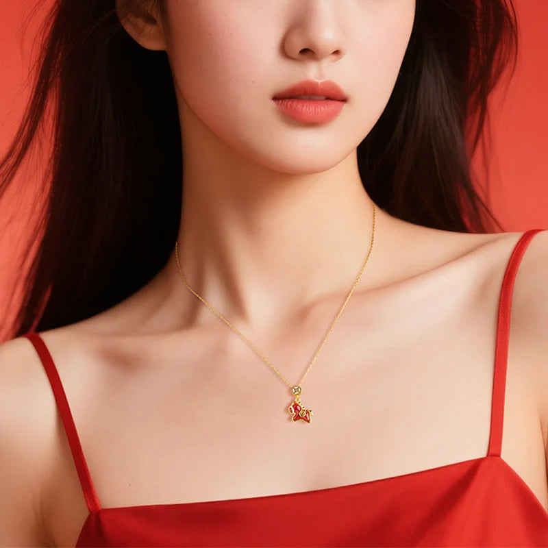 Buddha Stones Year Of The Horse Copper Coin 925 Sterling Silver Red Agate Blessing Necklace Pendants