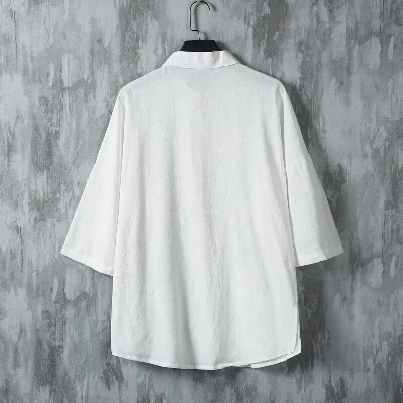 Buddha Stones Summer Solid Color Tang Suit Design Men's Half Sleeve Linen Shirt With Pockets