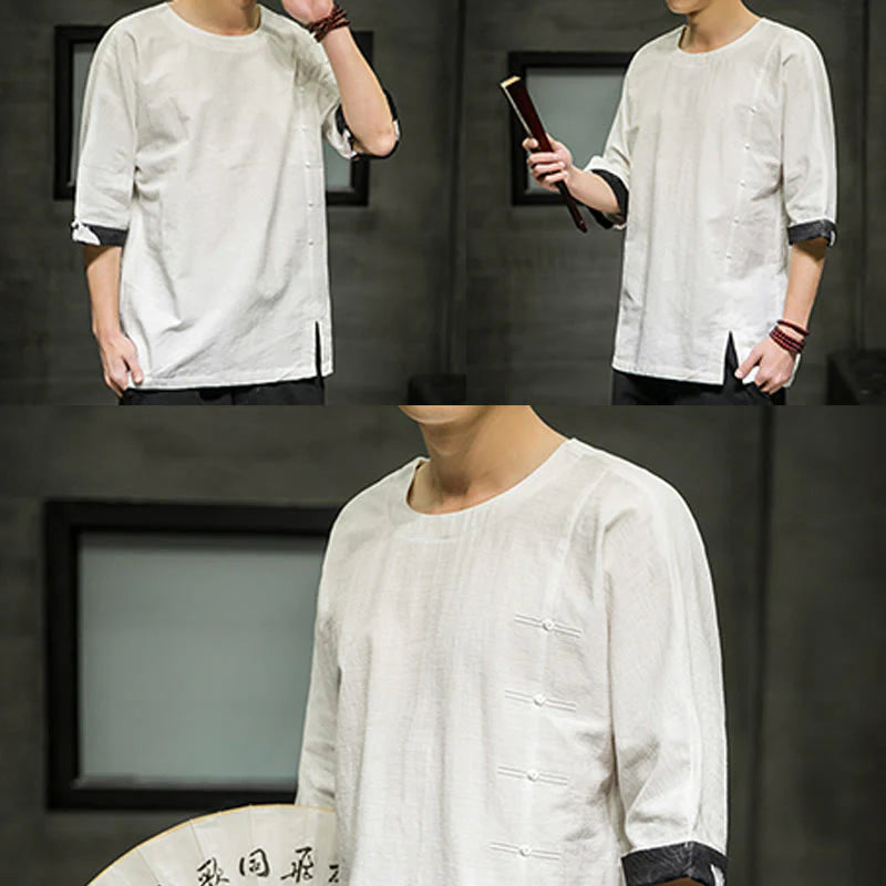 Buddha Stones Summer Retro Solid Color Patchwork Design Men's Three Quarter Sleeve Cotton Linen T-Shirt