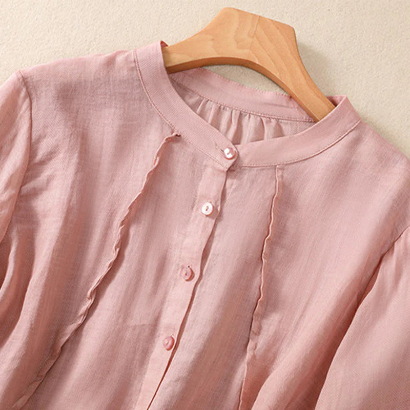 Buddha Stones Casual Daily Plain Button Ruffled Design Stand Collar Women's Cotton Linen Three Quarter Sleeve Shirt Cardigan