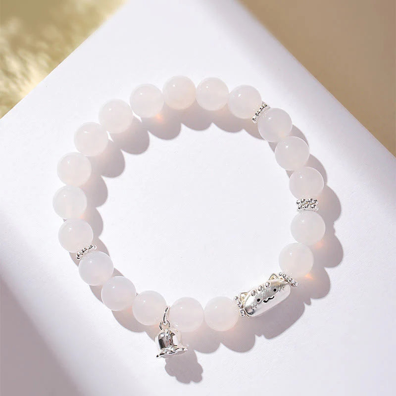 Buddha Stones 999 Sterling Silver Natural Cat Head White Cat's Eye White Agate Positive Bracelet