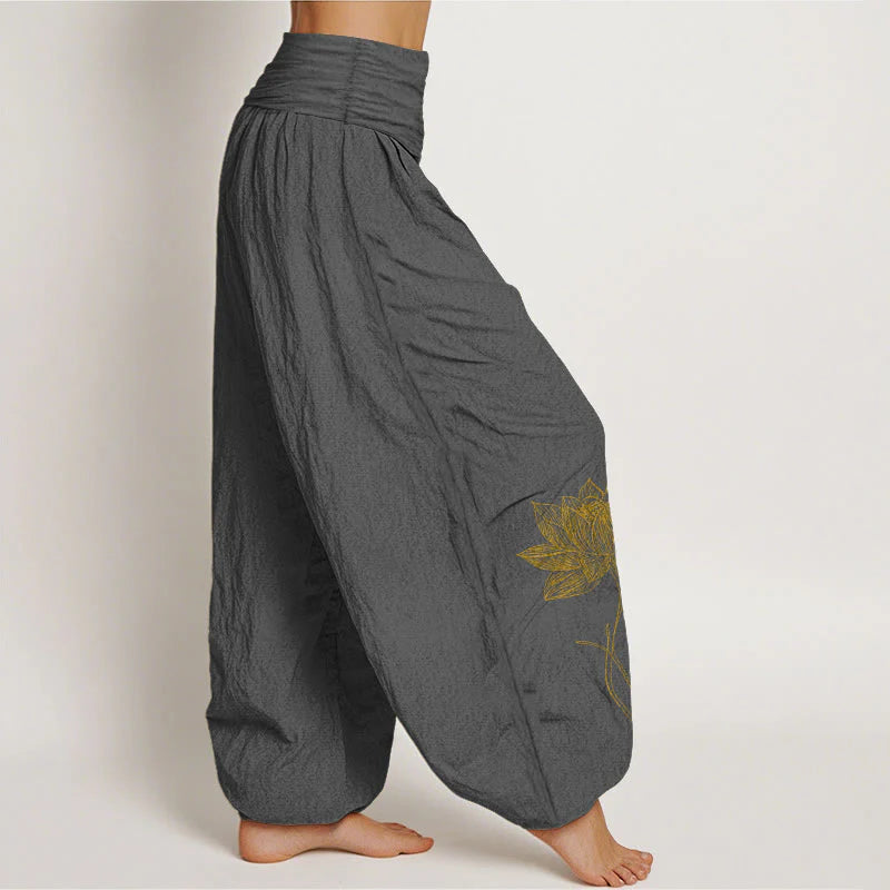 Buddha Stones Pure Cotton Elegant Lotus Flower Pattern Women's Elastic Waist Harem Pants
