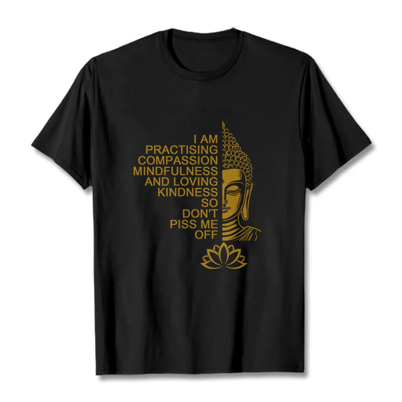 Buddha Stones Casual Golden Side Buddha Lotus Flower Pattern Cotton Tee T-Shirt