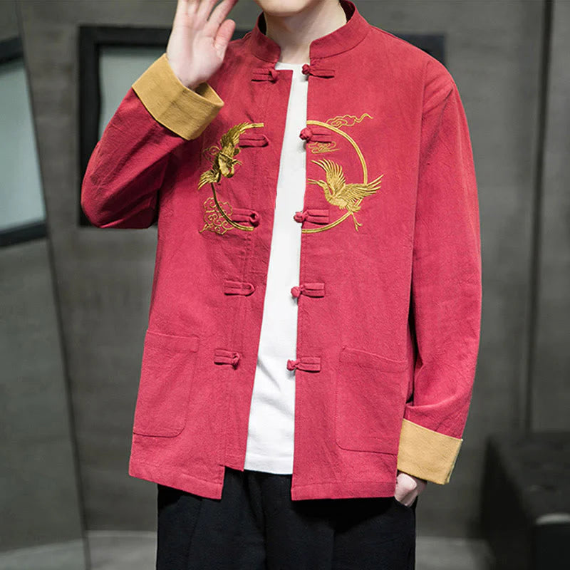 Buddha Stones Embroidery Cranes Pattern Frog-Button Men's Cotton Long Sleeve Jacket With Pockets