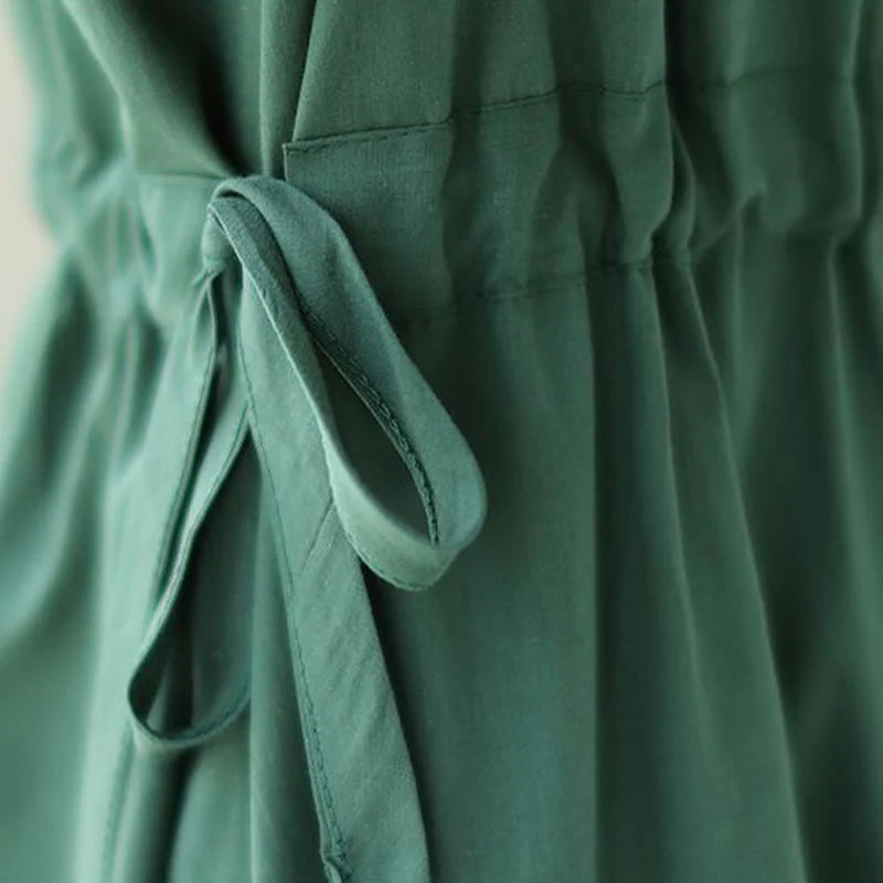Buddha Stones Pure Color Lace-Up Short Sleeve Cotton Linen Midi Dress With Pockets