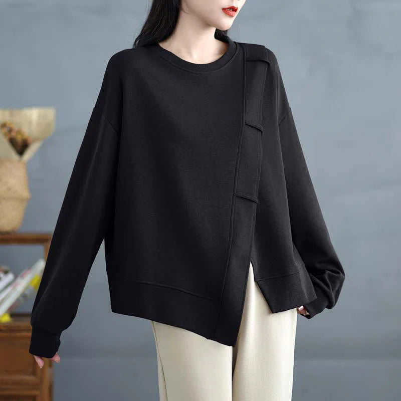 Buddha Stones Fall Solid Color Asymmetrical Design Crew Neck Long Sleeve Women's Cotton Sweatshirt