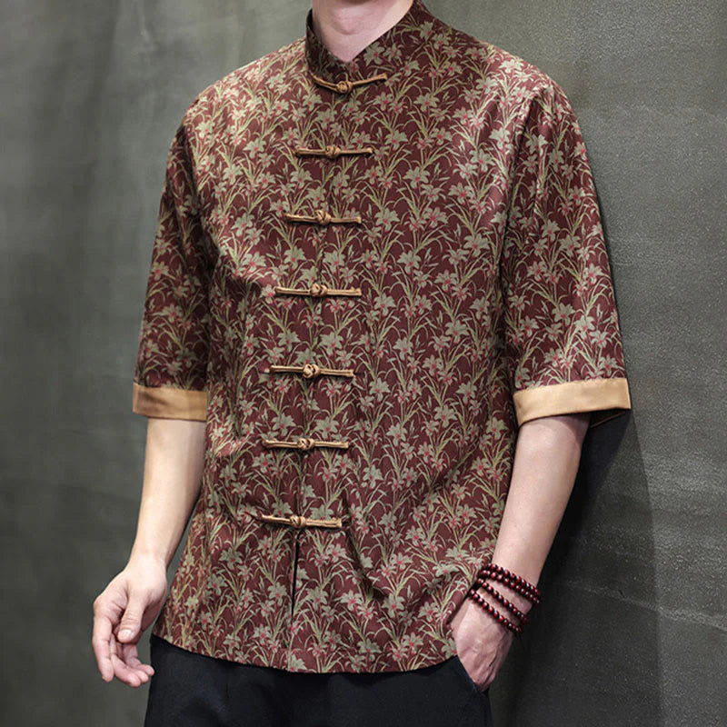 Buddha Stones Summer Colorful Floral Leaves Pattern Short Sleeve Frog-button Design Men's Cotton Shirt