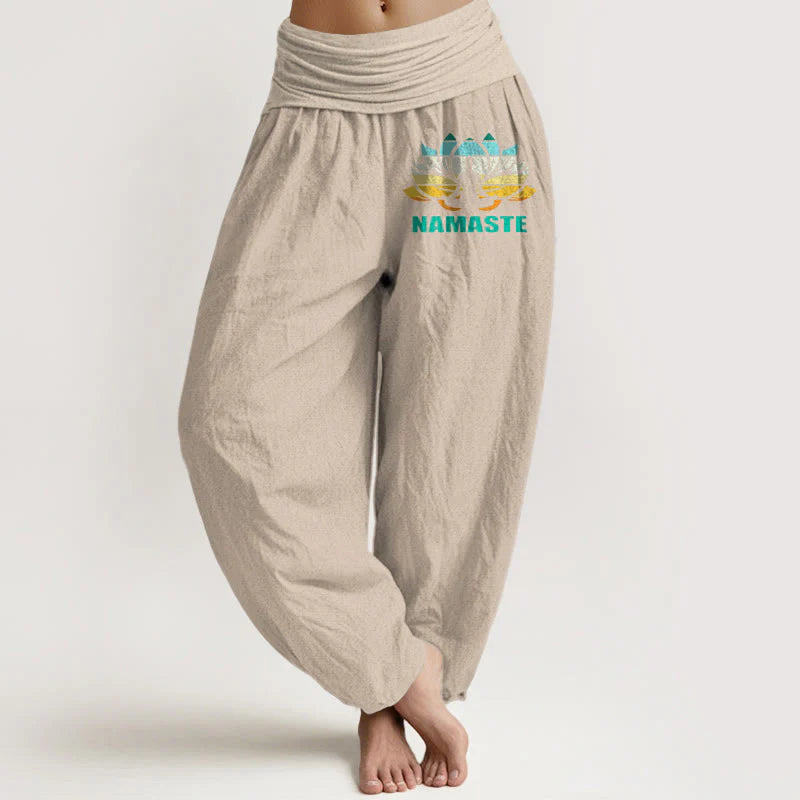 Buddha Stones Namaste Meditating Figure Lotus Pattern Women's Elastic Waist Harem Pure Cotton Pants
