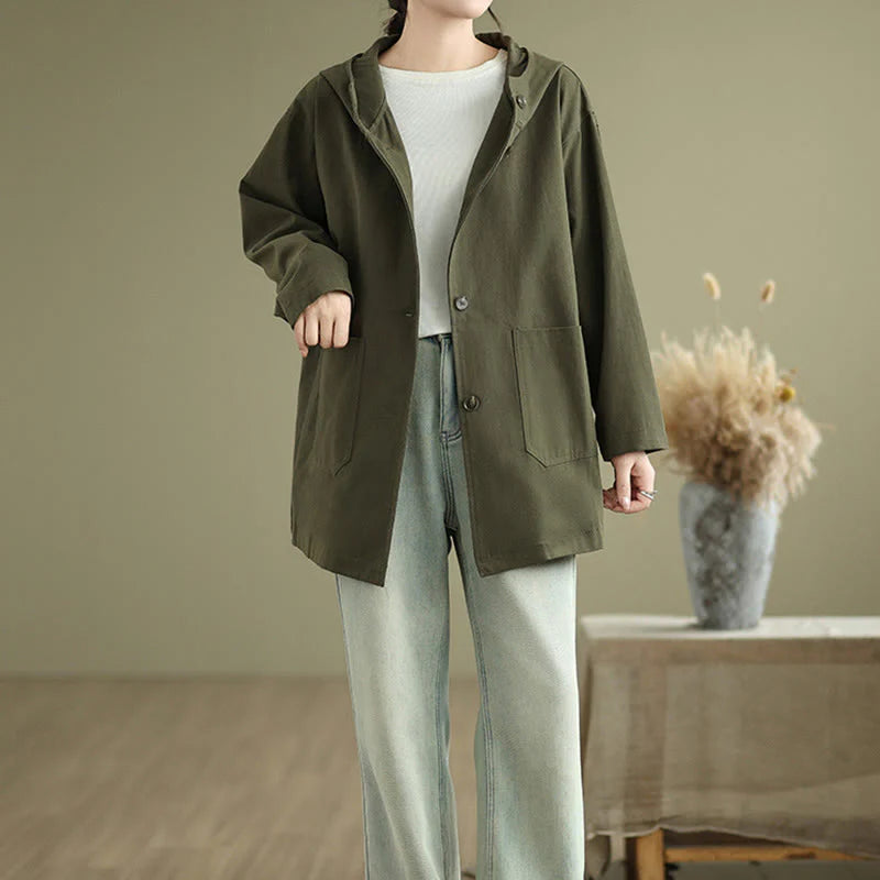 Buddha Stones Fall Vintage Hoodie Women's Cotton Linen Jacket With Front Pockets