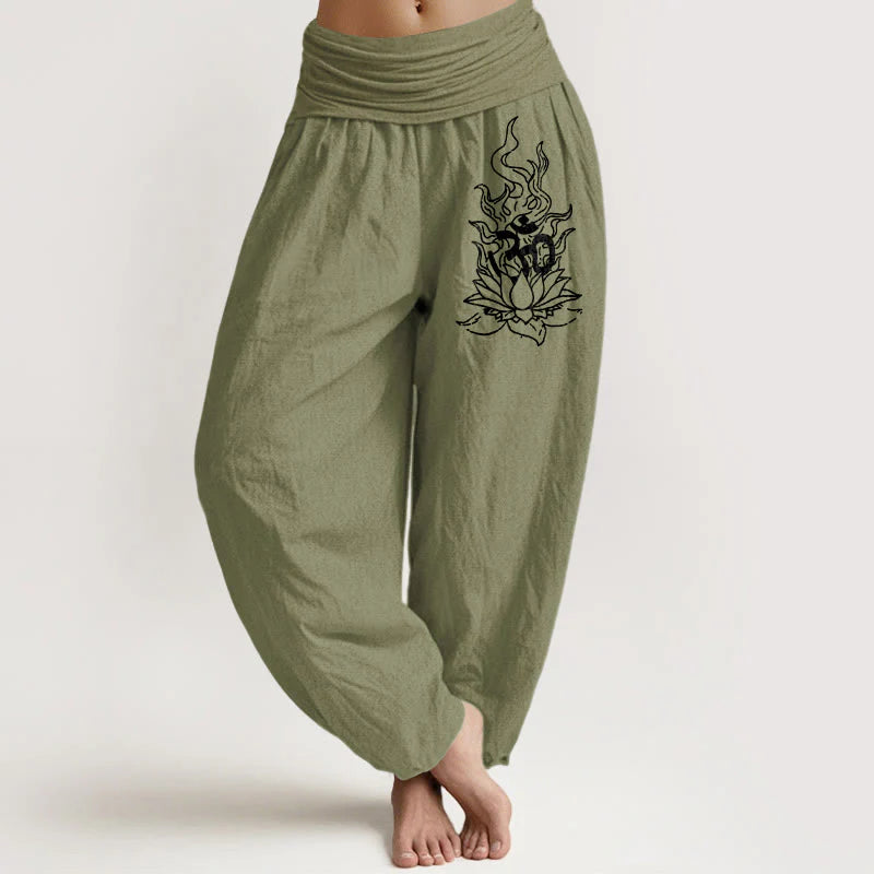 Buddha Stones Pure Cotton Minimalist Design Om Symbol Lotus Flame Pattern Women's Elastic Waist Harem Pants