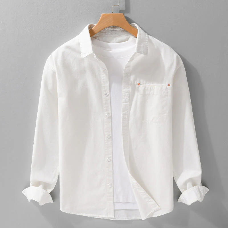 Buddha Stones Spring Solid Buttons Down Decorative Pocket Men's Stand Collar Long Sleeve Cotton Shirt