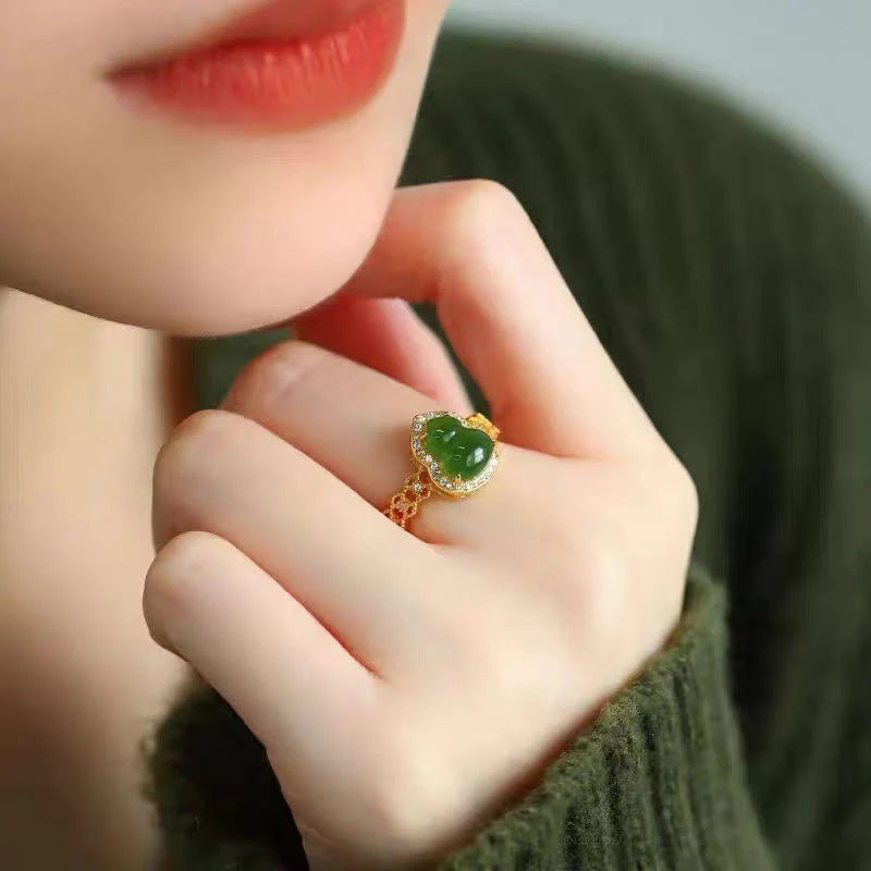 Buddha Stones Vintage Gourd Green Chalcedony Copper Plated Gold Adjustable Wealth Ring