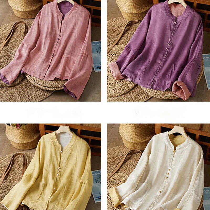 Buddha Stones PLUS SIZE V Neck Casual Solid Color Long Sleeve Shirt Cotton Linen Women's Shirts