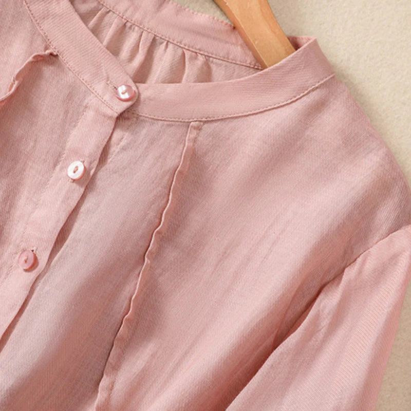 Buddha Stones Casual Daily Plain Button Ruffled Design Stand Collar Women's Cotton Linen Three Quarter Sleeve Shirt Cardigan