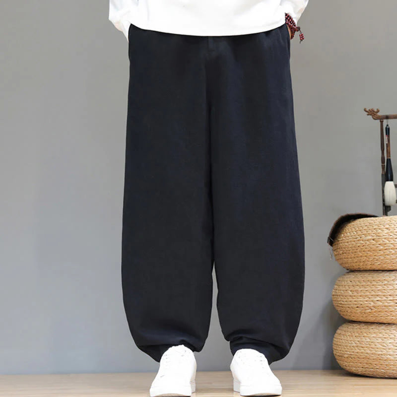 Buddha Stones Fall Sports Men's Pure Color Button Design Cotton Pants With Pockets
