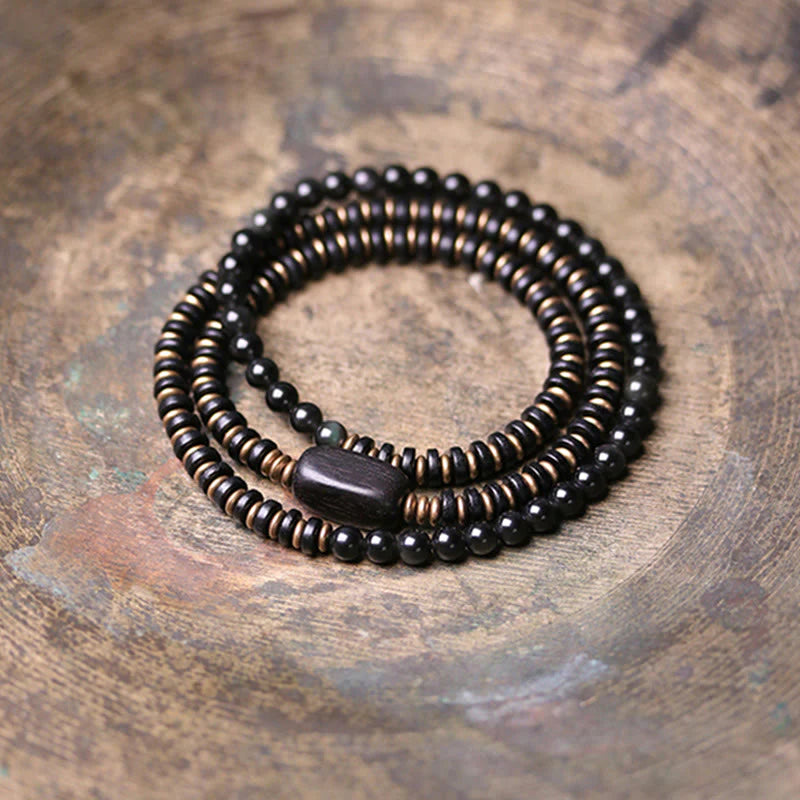 Buddha Stones Rainbow Obsidian Ebony Wood Copper Healing Triple Wrap Bracelet