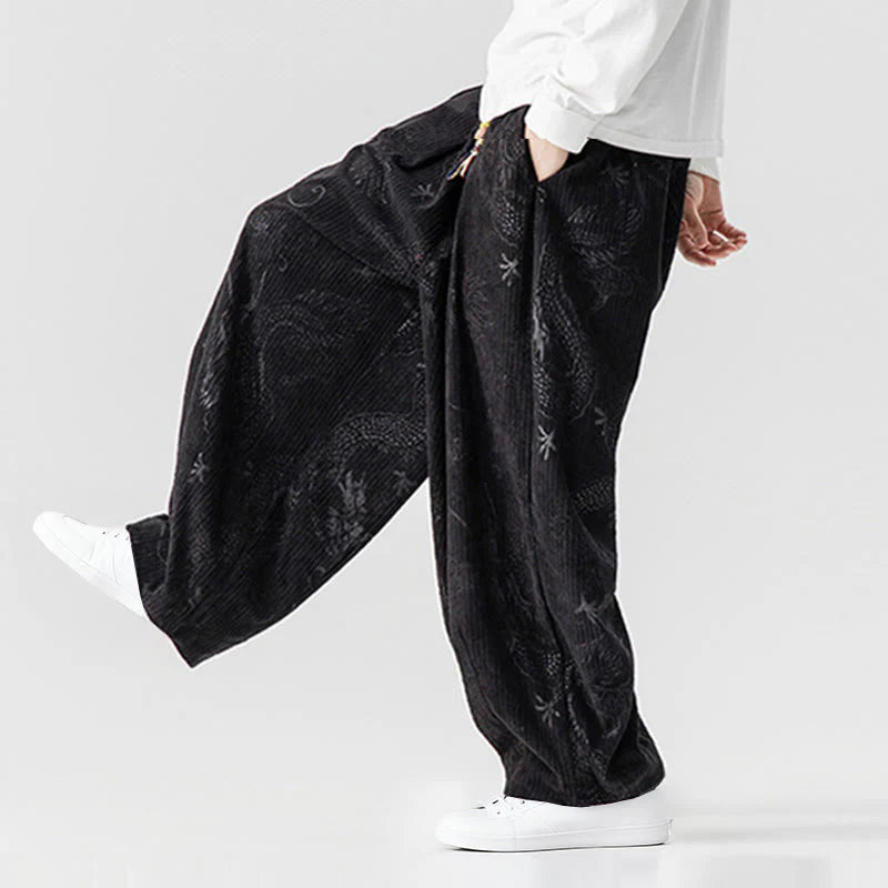 Buddha Stones Winter Dragon Phoenix Pattern Cotton Corduroy Men's Harem Pants With Pockets