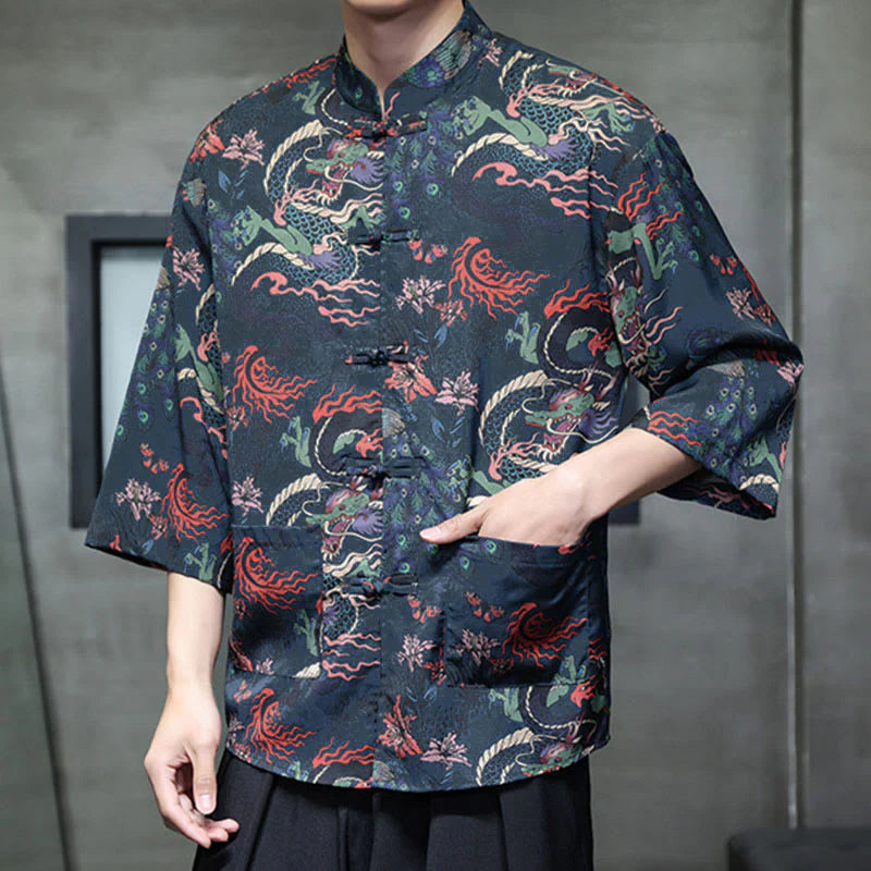 Buddha Stones Spring Frog-Button Dragon Mountain Flower Three Quarter Sleeve Tang Suit Men's Shirt With Pockets
