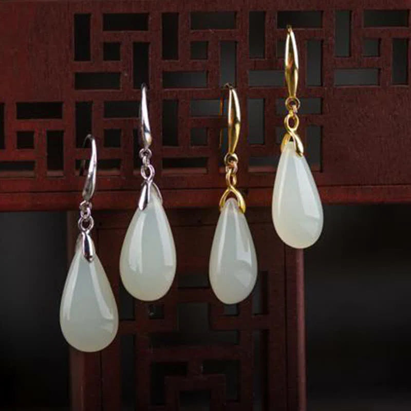 Buddha Stones Hetian White Jade Water Drop Luck Blessing Dangle Earrings (Extra 30% Off | USE CODE: FS30)