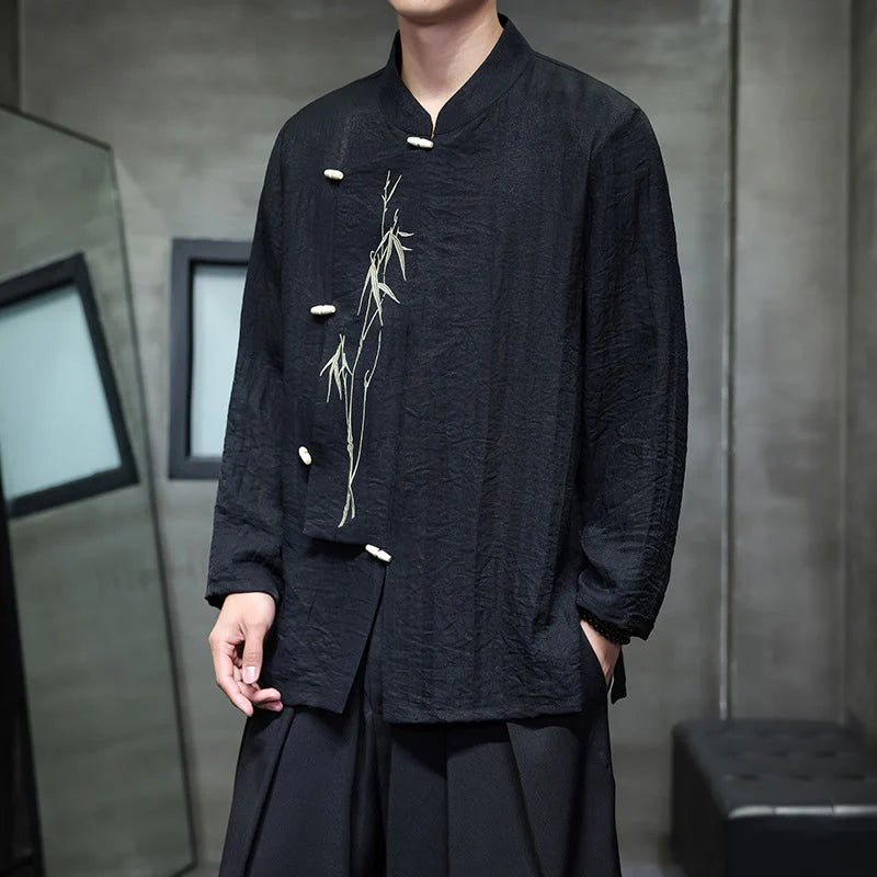 Buddha Stones Fall Solid Color Bamboo Leaf Embroidery Men's Long Sleeve Cotton Linen Shirt