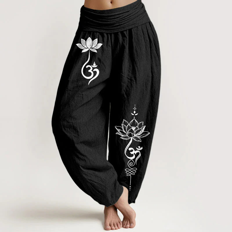 Buddha Stones Cotton Lotus Flower Om Pattern Women's Elastic Waist Harem Pants