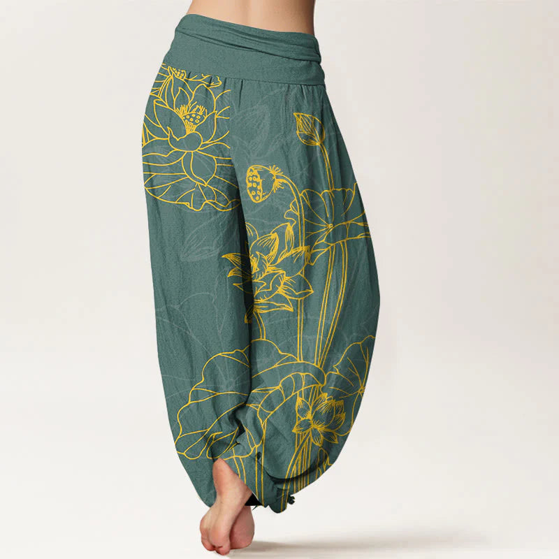 Buddha Stones Pure Cotton Concise Lotus Flower Leaf Pod Bud Pattern Women's Elastic Waist Harem Pants