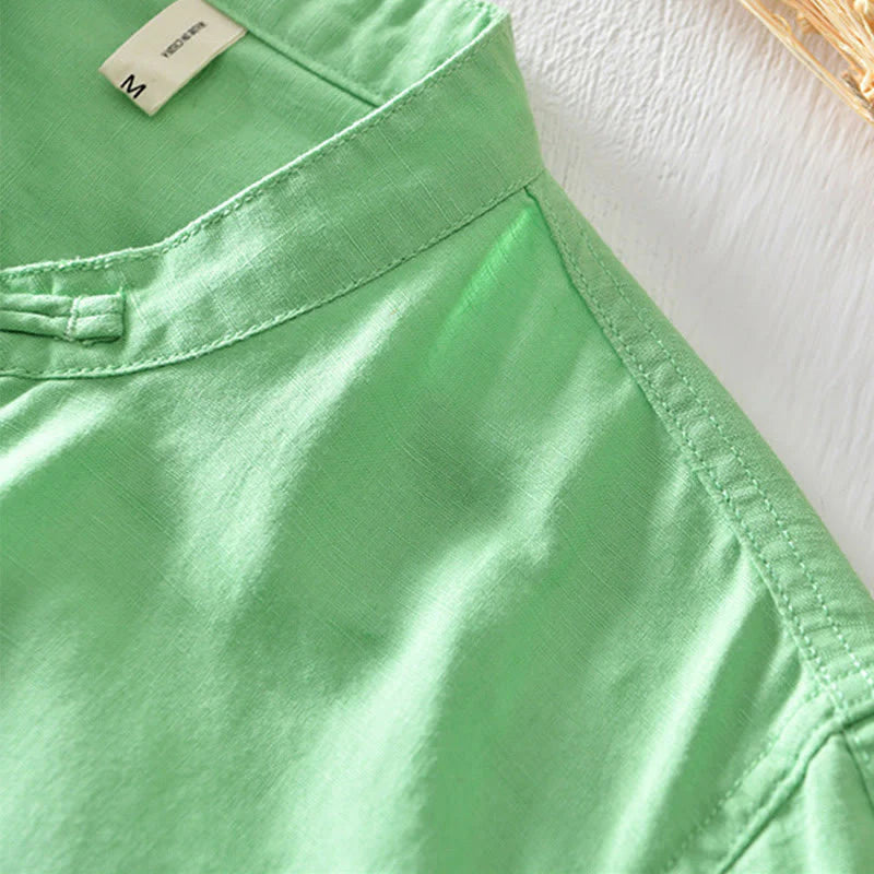 Buddha Stones Solid Color Half Button Design Stand Collar Men's Short Sleeve Cotton Linen Shirt