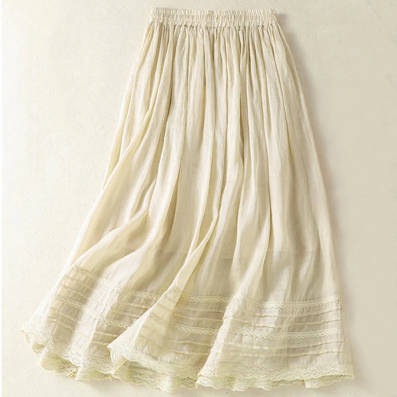 Buddha Stones Summer Plain Drawstring Lace Patchwork Design Women's Cotton Linen 7-8 Length Skirt