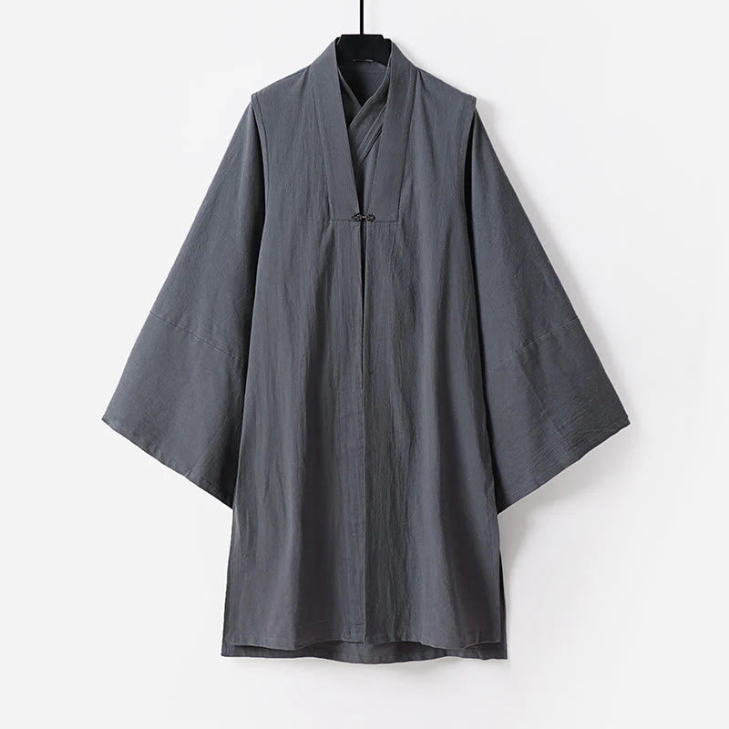 Buddha Stones 2Pcs Fall Solid Long Sleeve Men's Taoist Long Robe Lace-up Kimono Sleeveless Vest Qigong Ceremony Suit