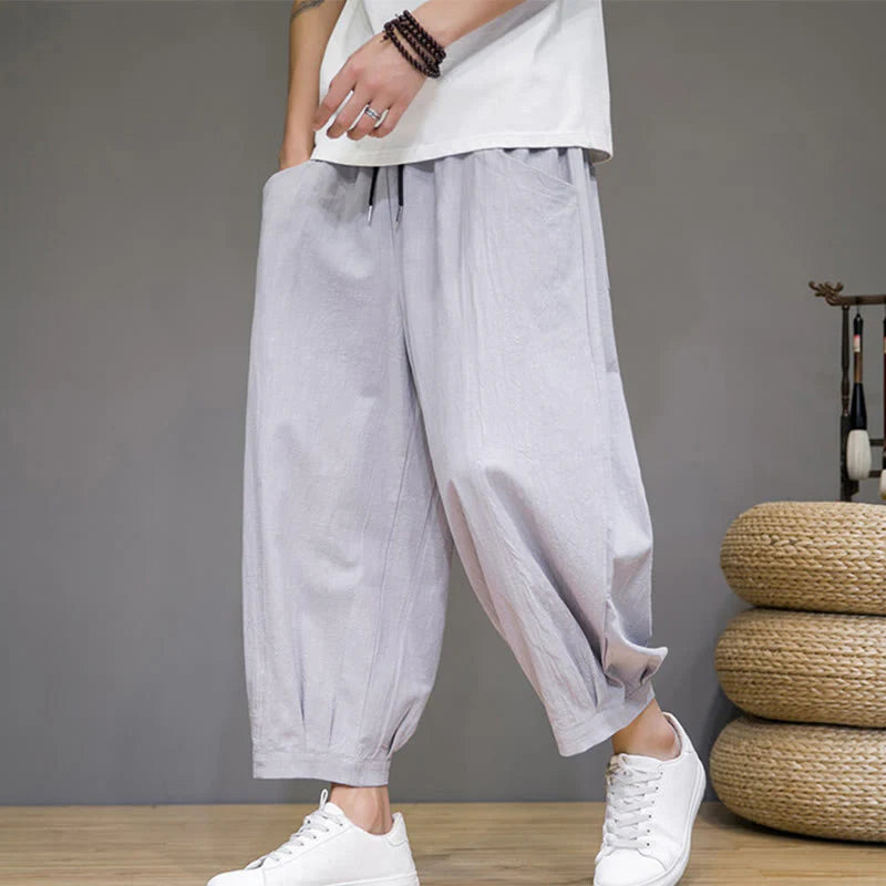 Buddha Stones Simple Cotton Men's Cropped Capri Harem Pants With Pockets