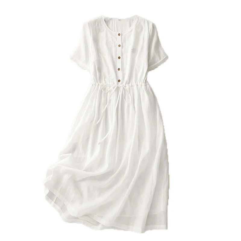 Buddha Stones Commute Embroidery Pleated Button Drawstring Design Cotton Linen Ruffled Short Sleeve Midi Dress
