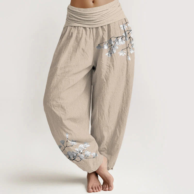 Buddha Stones Pure Cotton Minimalist Style Magnolia Flower Pattern Women's Elastic Waist Harem Pants