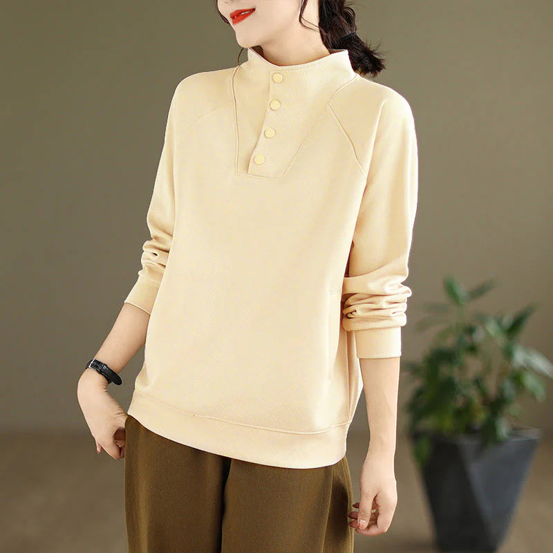 Buddha Stones Fall Solid Stand Collar Buttons Design Long Sleeve Women's Cotton Sweatshirt